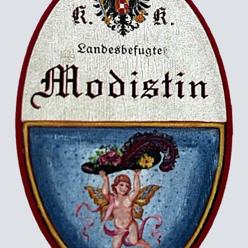 KuK Nostalgie Holzschild "Landesbefugte Modistin" Engel Hutmacherin