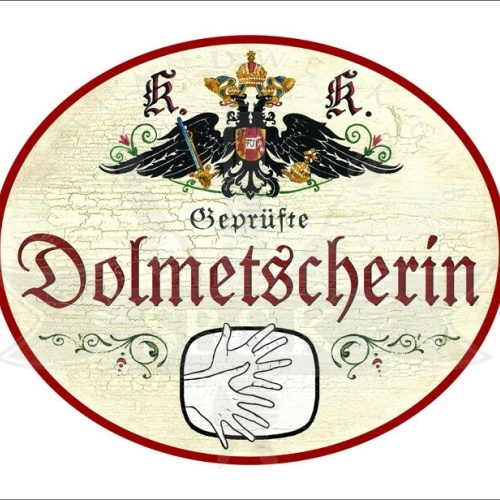 KuK Nostalgie Holzschild - Geprüfte Dolmetscherin - Hände Gebärdensprache TH