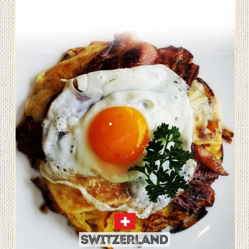 Schild Switzerland Schweiz Rösti Frühstück Essen 12x18 20x30 30x40 Blech/Holz