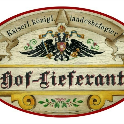KuK Nostalgie Holzschild - Landesbefugter Hof-Lieferant - Ornament TH