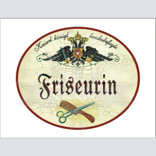KuK Nostalgie Holzschild - Landesbefugte Friseurin - Schere Kamm TH