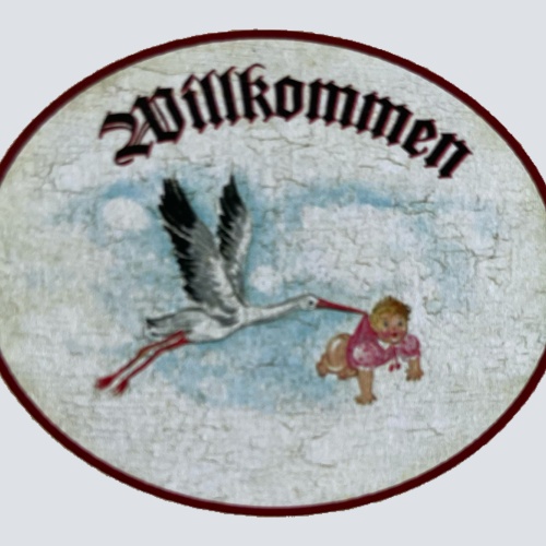 Nostalgie Holzschild Willkommen Storch Baby Geburt Kind Neugeborenes Schild