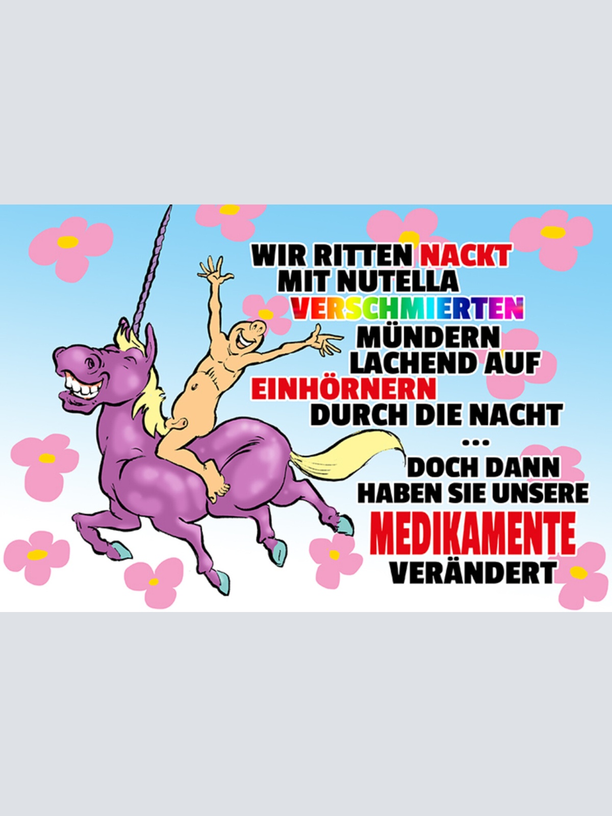 Schild Spruch Wir ritten nackt Nutella verschmiert auf Einhörnern Medikamente JW