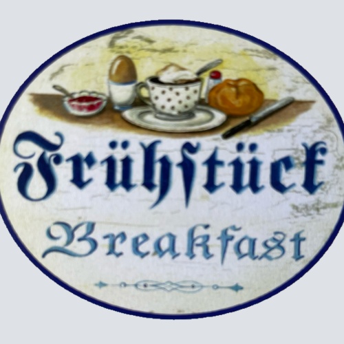 Nostalgie Holzschild Frühstück Breakfast Frühstücken Hotel Gäste Café Schild