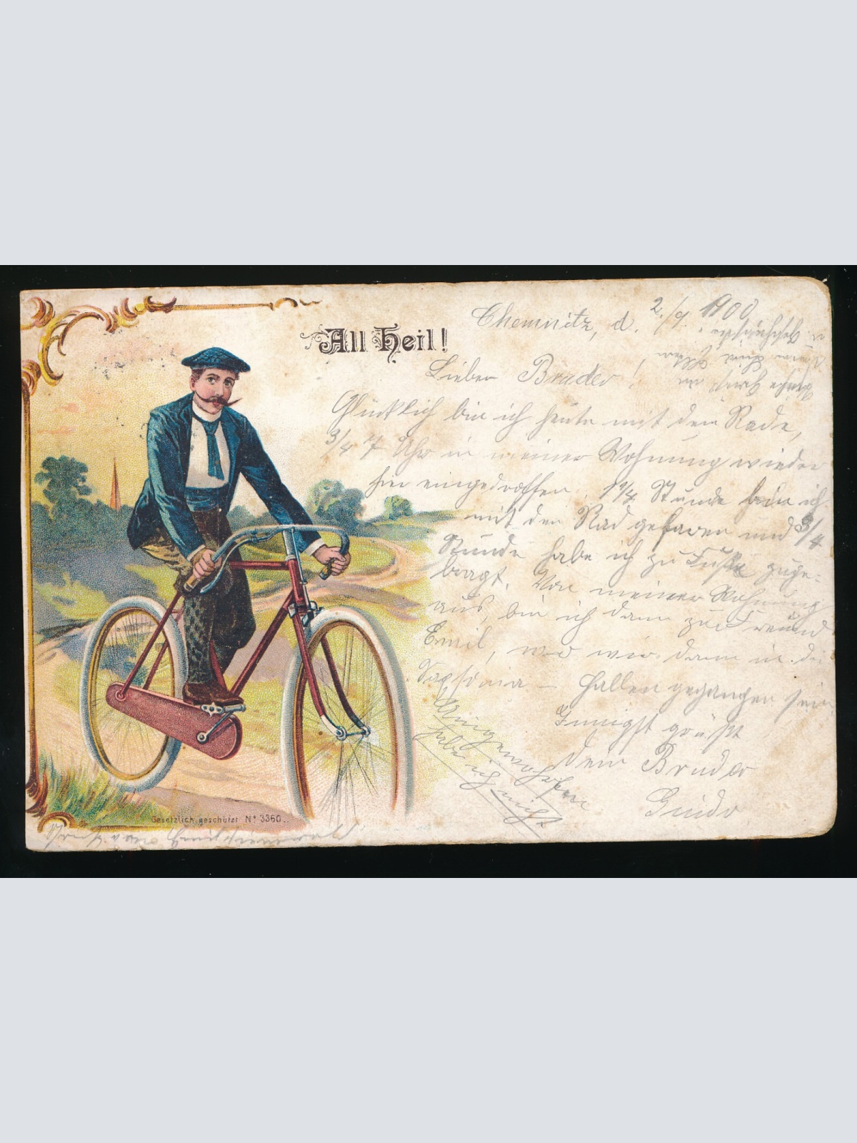 Litho-Karte All Heil Mann auf Fahrrad  (366)