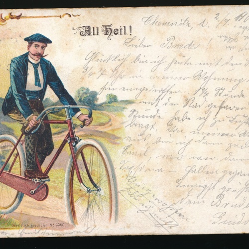 Litho-Karte All Heil Mann auf Fahrrad  (366)