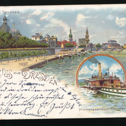 Litho - Karte aus Dresden Sachsen mit Promenadendeck Dampfer Deutschland (447)