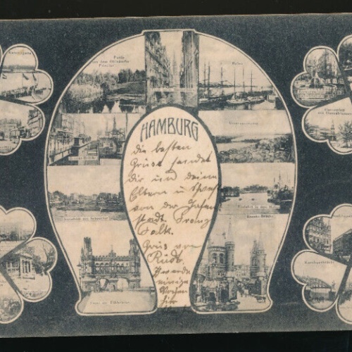 Hufeisen-Karte aus Hamburg mit vier x vierblätrigem Kleeblatt (664)