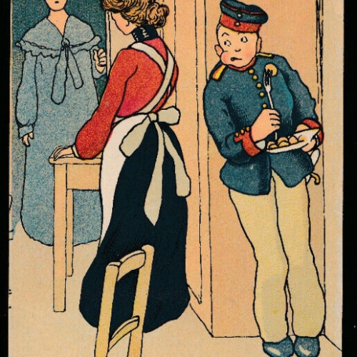 Karikatur-Karte von einem Soldaten mit Spruch Die Gnädige erscheint... (1095)