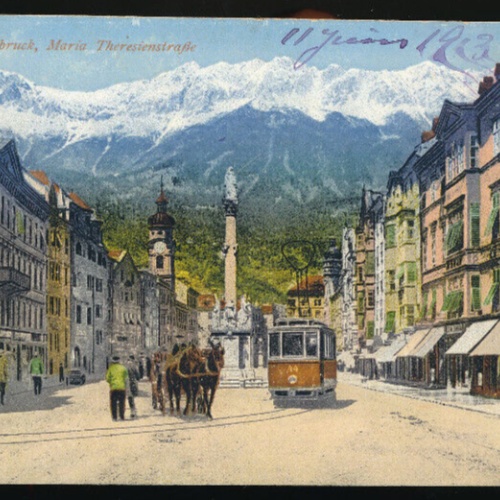 AK aus Innsbruck Maria Theresienstraße mit Straßenbahn Tirol (1221)