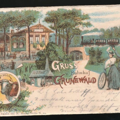 Litho-Karte gruss vom Bahnhof Grünwald - Grunewald Bayern (1932)