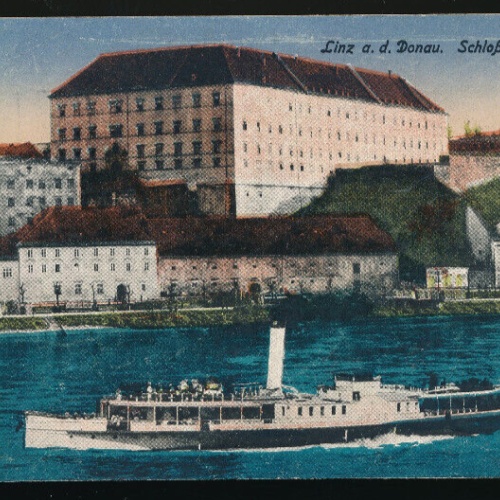 AK Linz an der Donau Schloßkaserne mit Dampfer Oberösterreich (1949)