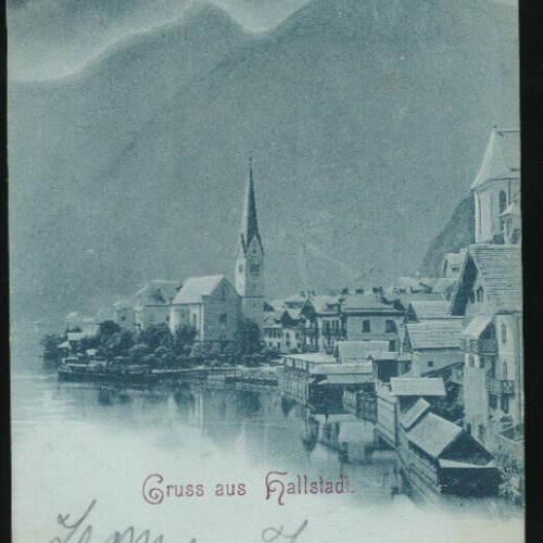 Mondschein-Karte gruss aus Hallstadt Oberösterreich (1948)