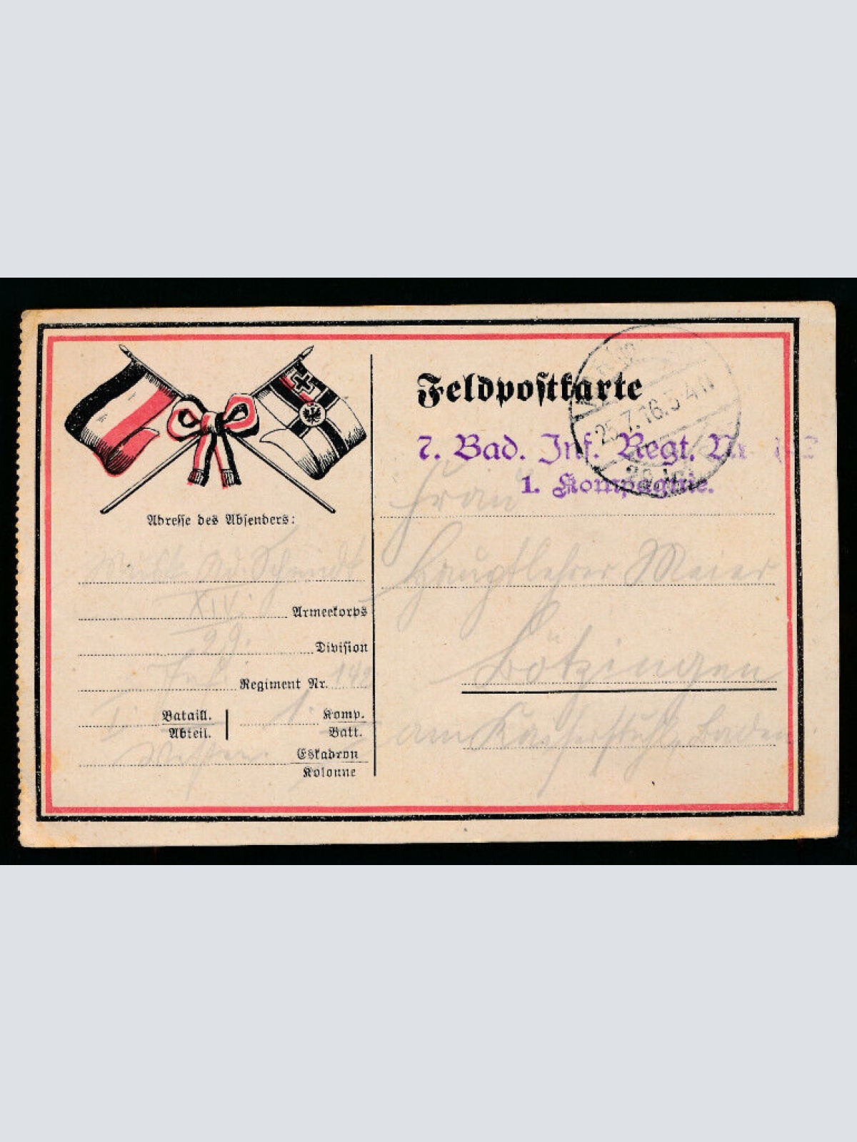 Feldpost-Karte 7. Bad. Inf. Regt. Nr.142  1.Kompanie (1167)