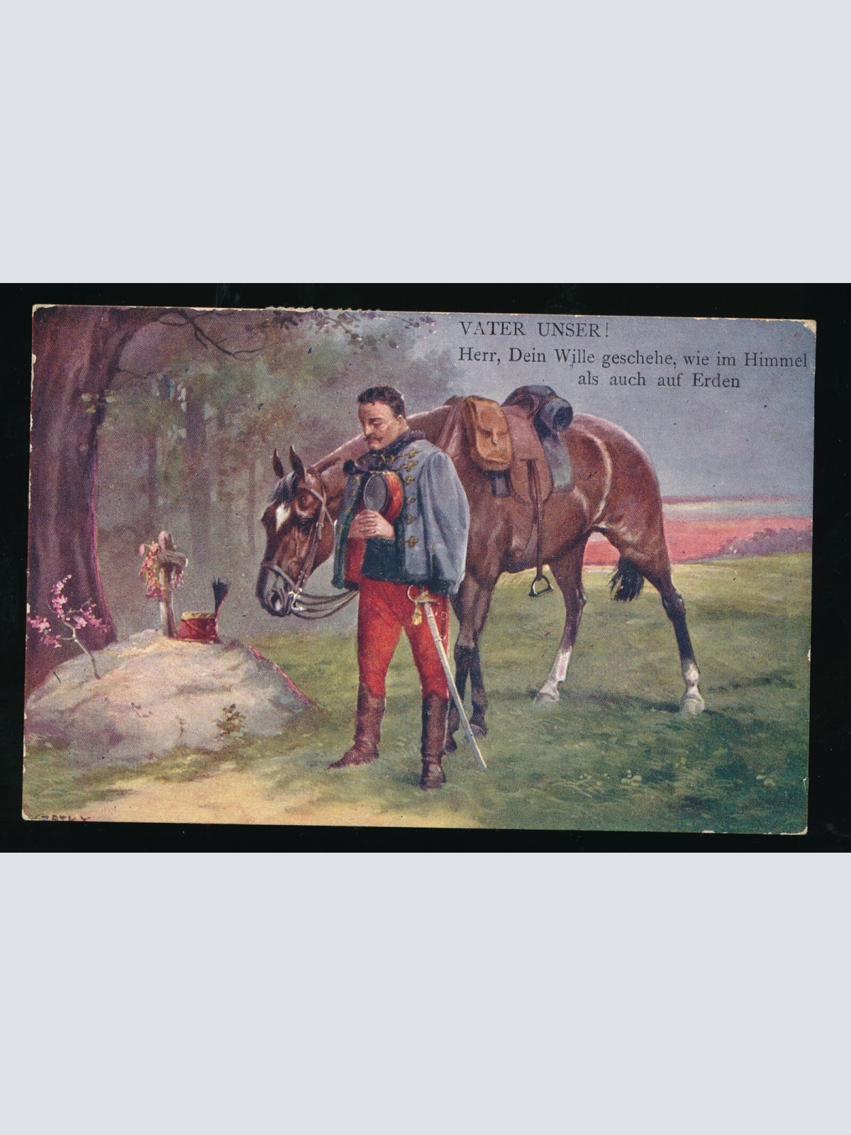 AK Vater Unser Mann mit Pferd steht vor einem Grab (507)