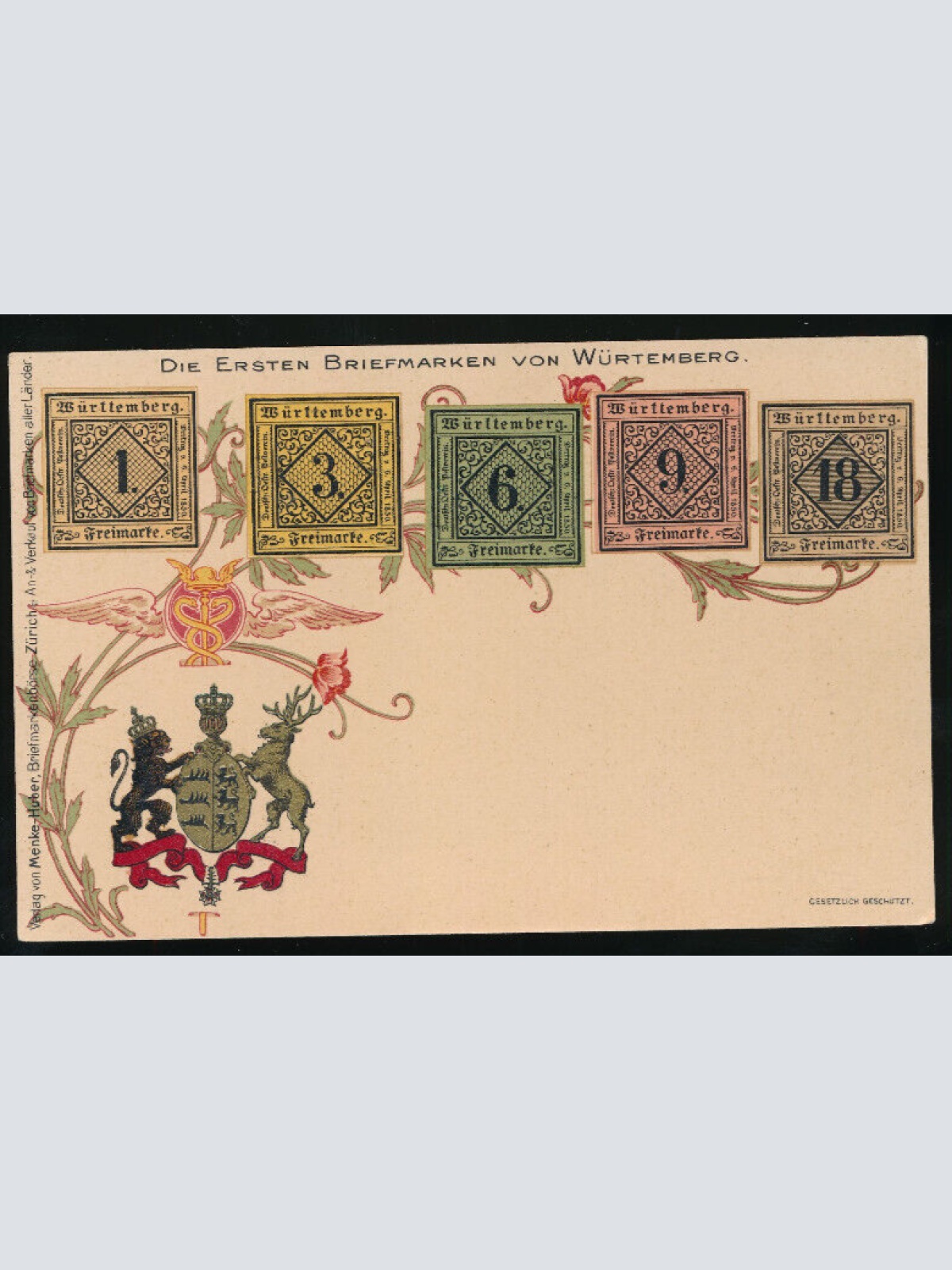 AK mit Wappen und Briefmarken die ersten Briefmarken von Würtemberg (1245)