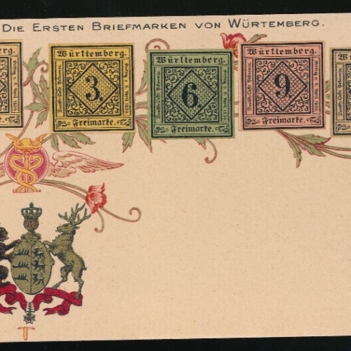 AK mit Wappen und Briefmarken die ersten Briefmarken von Würtemberg (1245)