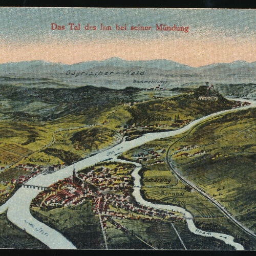 AK das Tal des Inn bei seiner Mündung Oberösterreich (1905)