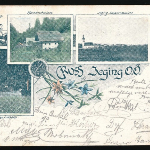 Litho-Karte gruss aus Jeging mit Pfannenschmiede Oberösterreich (2426)