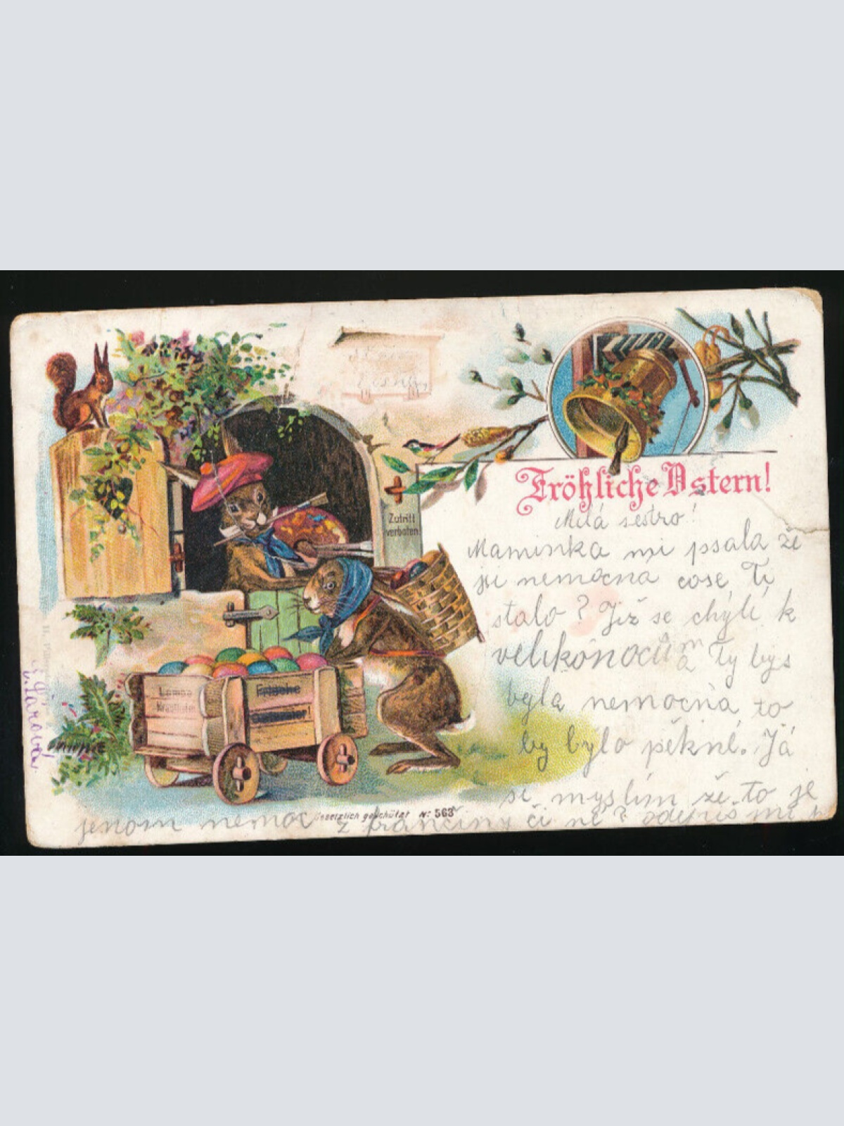 Litho-Karte Fröhliche Ostern Osterhasen mit Ostereiern (2100)