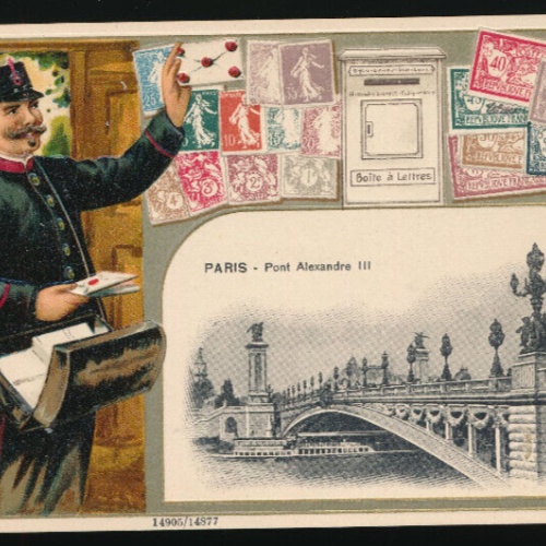 Präge-Litho-Karte Frankreich mit Wappen, Marken und Postboten (2752)