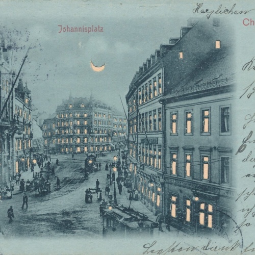 AK, Johannisplatz, Chemnitz, Sachsen, mit leuchtenden Fenster (S190)