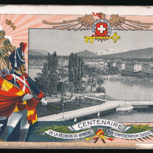 AK aus Genf - Geneve Centenaire mit Soldat und Flaggen Schweiz (3622)
