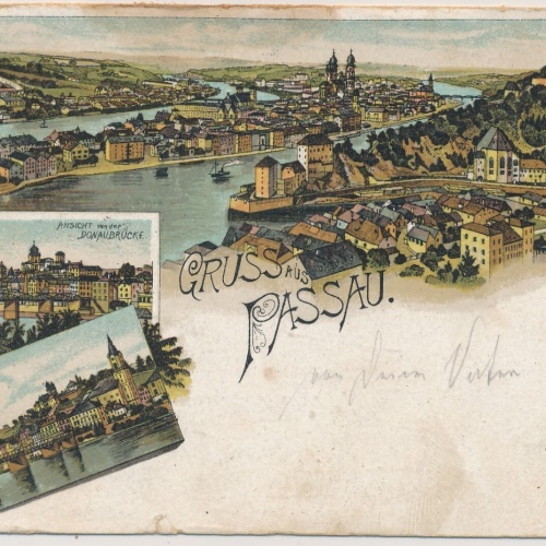 AK, Gruß aus Passau, Ansicht von der Donaubrücke, Innstadt, Bayern (S702)