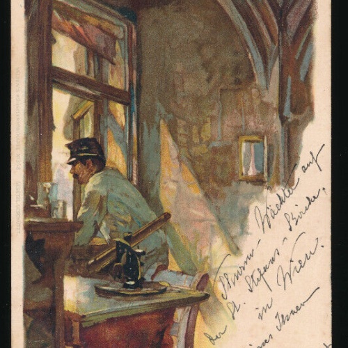 Veltens Künstlerkarte Nr.308 Soldat sieht aus dem Fenster (5043)