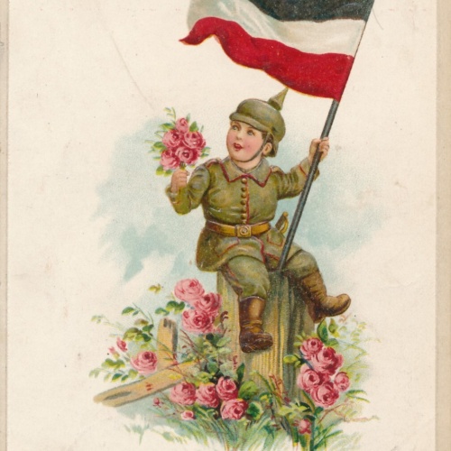 Präge-Karte, Herzlichen Glückwunsch zum Geburtstage, Soldat mit Flagge (S1638)