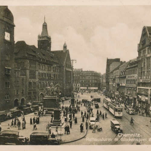 AK, Chemnitz, Rathausturm m. Glockenspiel am Markt, Sachsen (S1589)