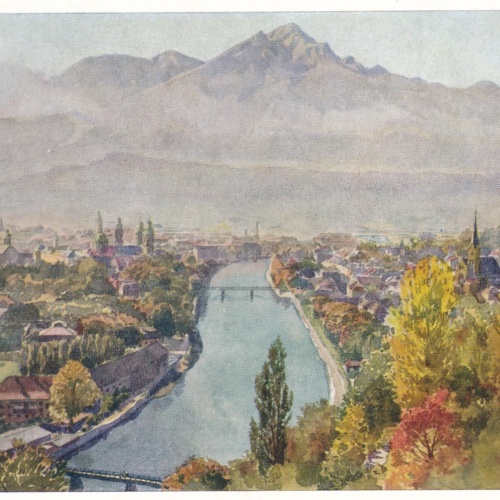 Künstlerserie Innsbruck, Nr. 9, Stadt am Inn mit Nockspitze, Tirol (S1552)