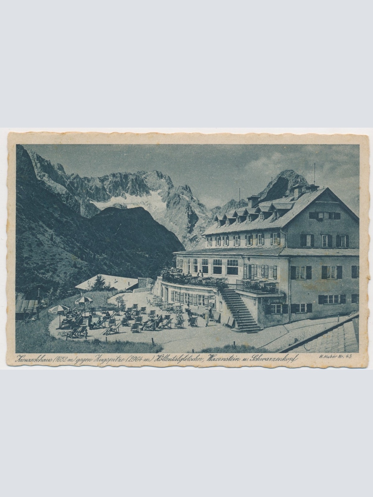 AK, Kreuzeckhaus gegen Zugspitze Höllentalgletscher, Bayern (S1823)