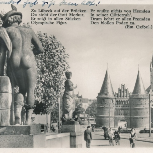 AK, Lübeck, Merkur mit Holstentorplatz, Schleswig-Holstein (S1863)