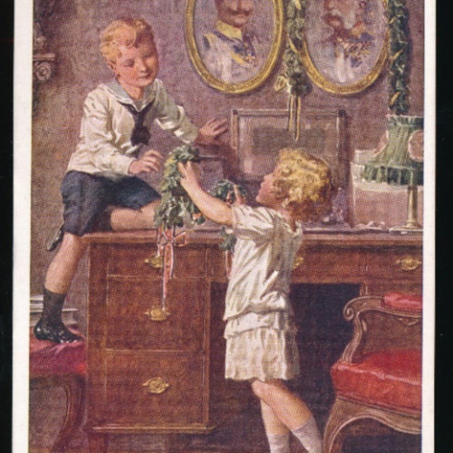 AK zwei Kinder im Hintergrund Kaiser Willhelm und Kaiser Franz Josef (5988)