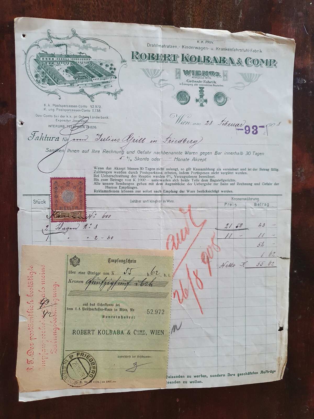 Alte Rehnung 1908 aus Wien Drahtmatratzen und Kinderwagen Robert Kolbaba (X5)