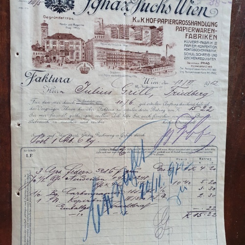 Alte Rehnung 1912 aus Wien Papiergroßhandlung Franz Fuchs (X9)