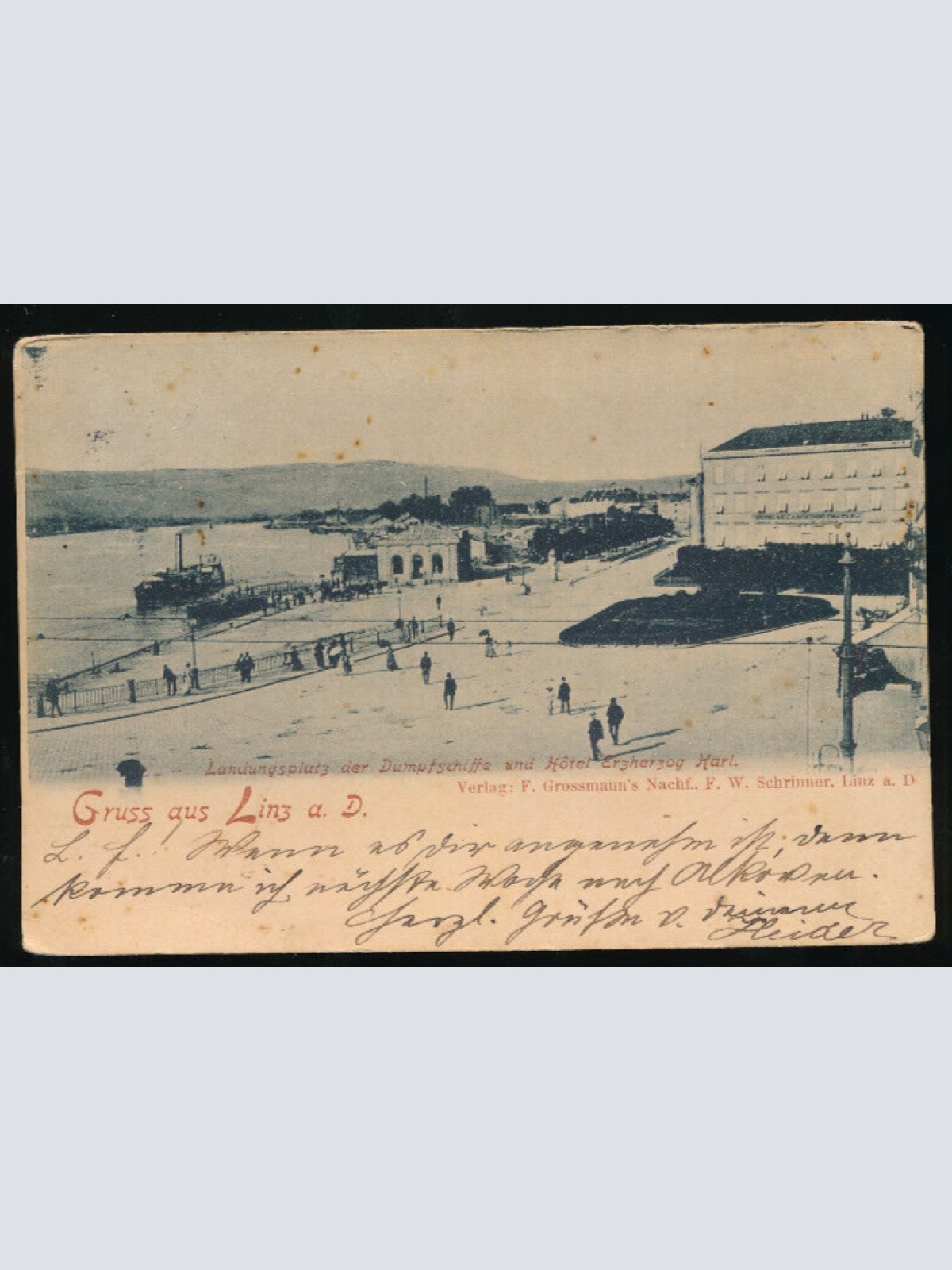 AK gruss aus Linz Landungsplatz mit Hotel Erzherzog Karl Oberösterreich (5923)