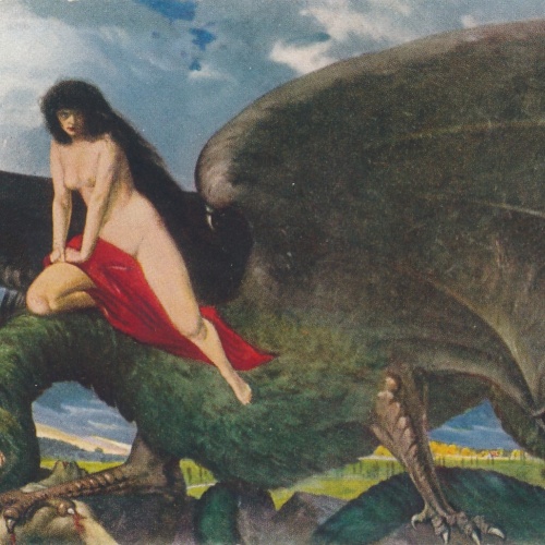 Künstlerische Sagen und Legenden Karte Dämon der Liebe Frau auf Drache (6501)