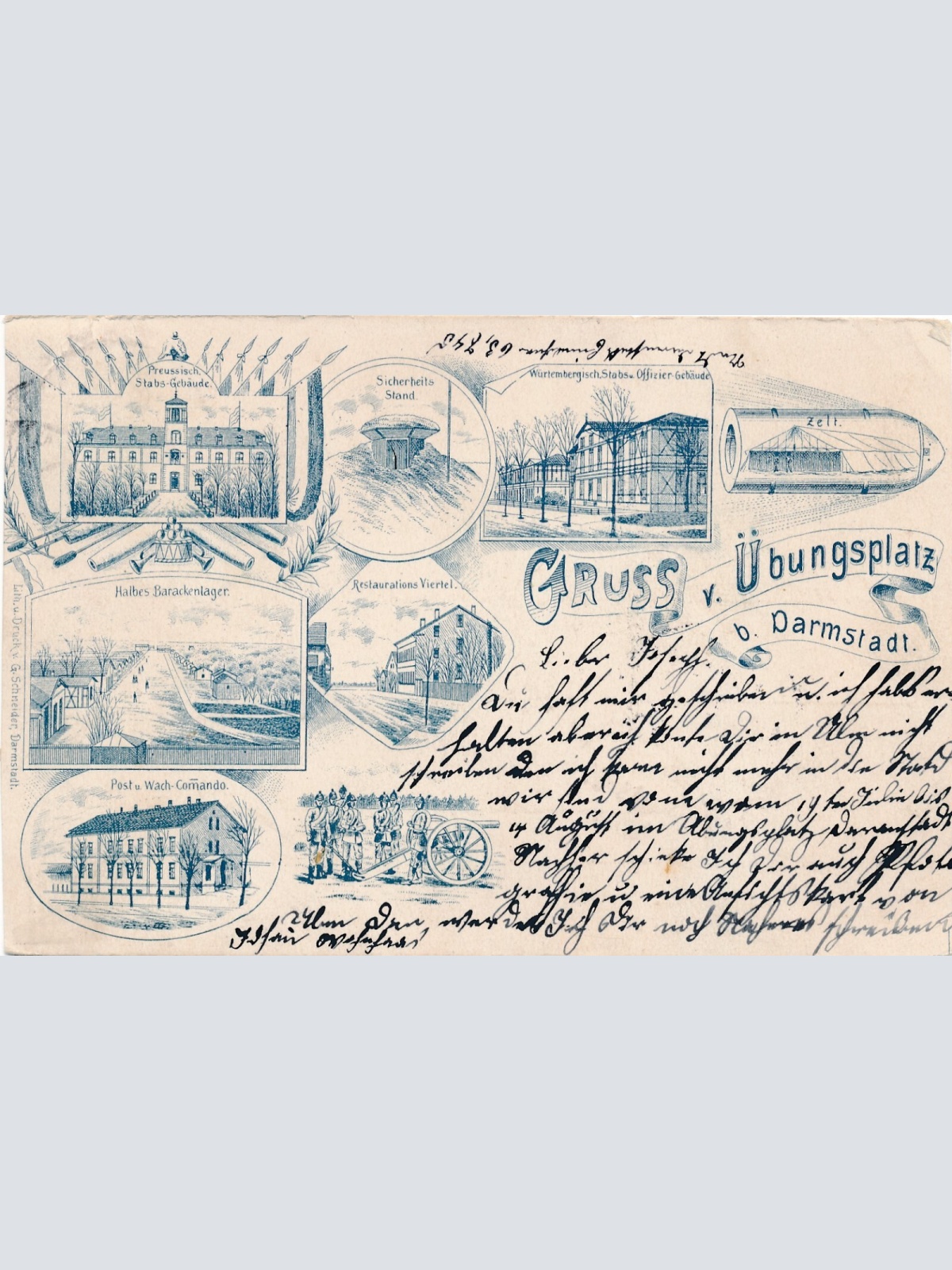 Litho - Karte gruss vom Übungsplatz bei Darmstadt Hessen (7572)