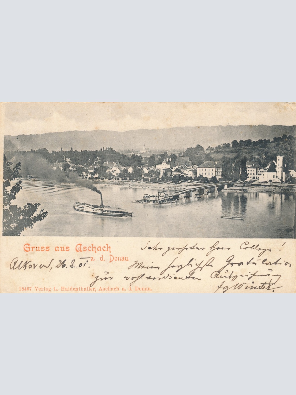 AK aus Aschach mit Dampfer Oberösterreich (7942)