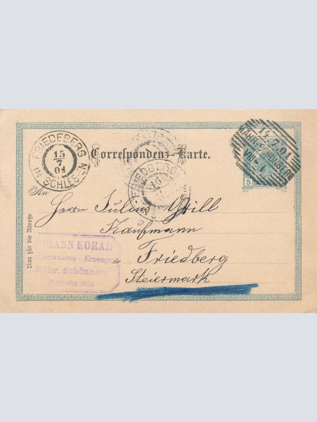 5 Heller Ganzsachen - Karte 1904 aus Mähr Schönberg (8385)