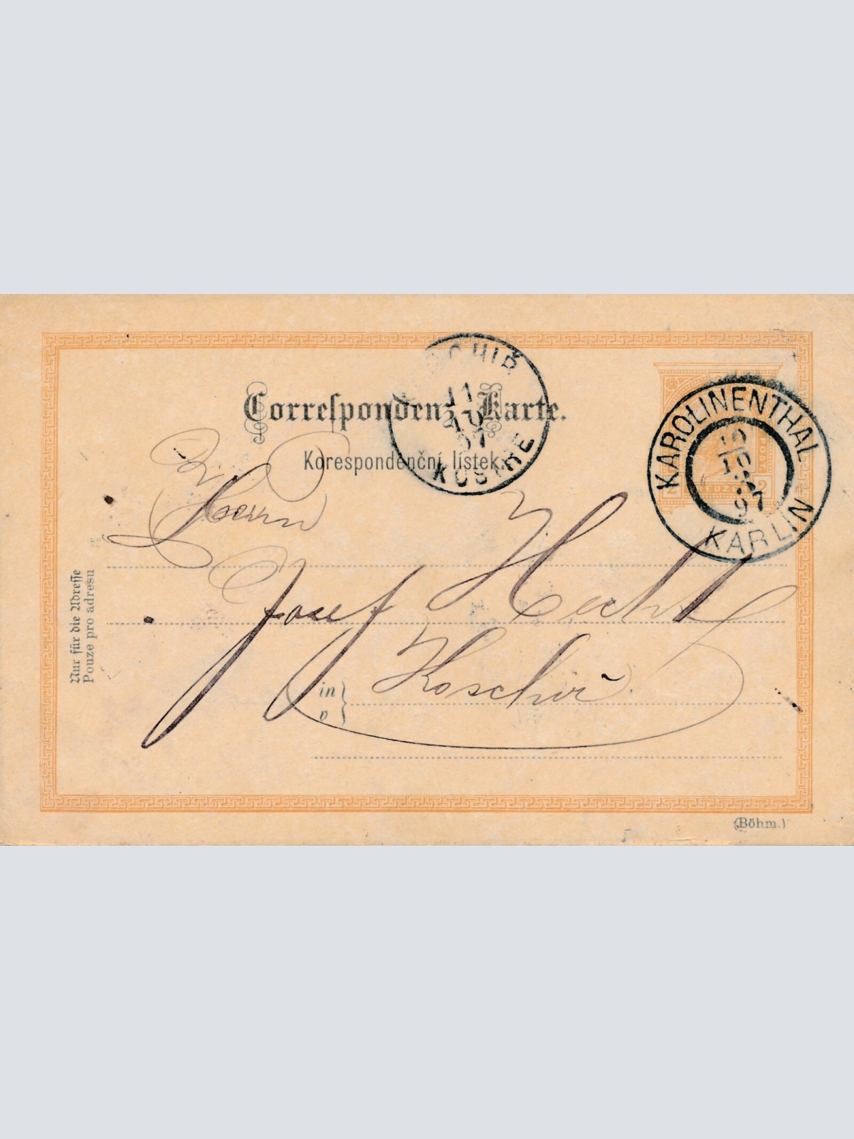 2 Kreuzer Ganzsachen - Karte 1897 aus Karolinenthal - Karlin (8388)