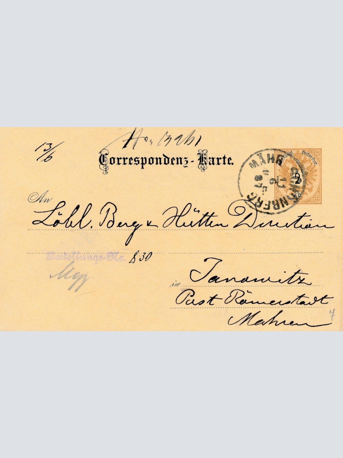 2 Kreuzer Ganzsachen - Karte 1887 aus Mähr Schönberg (8392)