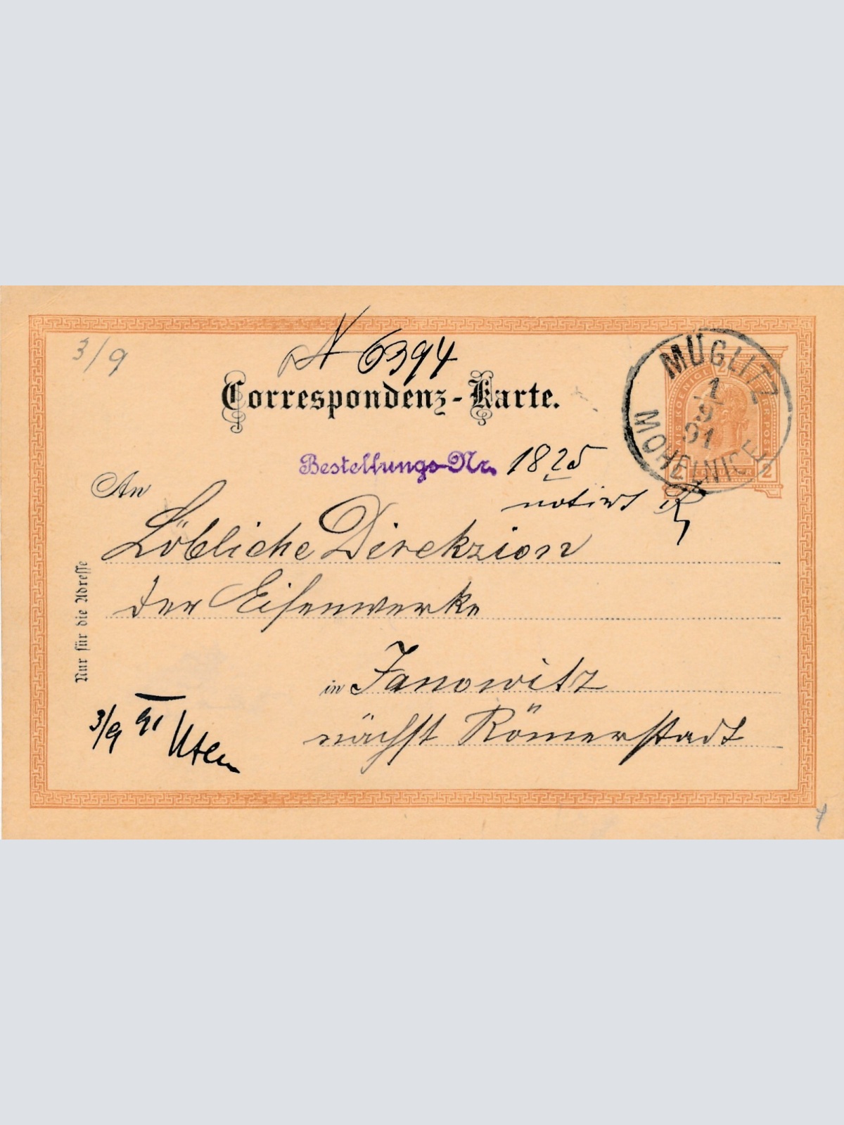 2 Kreuzer Ganzsachen - Karte 1891 aus Müglitz Mohelnice (8395)