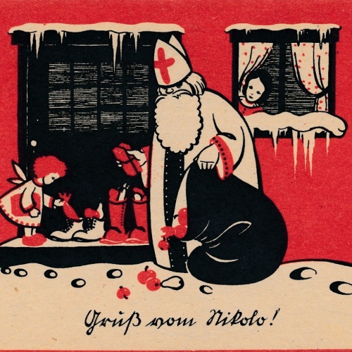 Motiv - Karte gruß vom Nikolaus am Geschenke austeilen (7232)