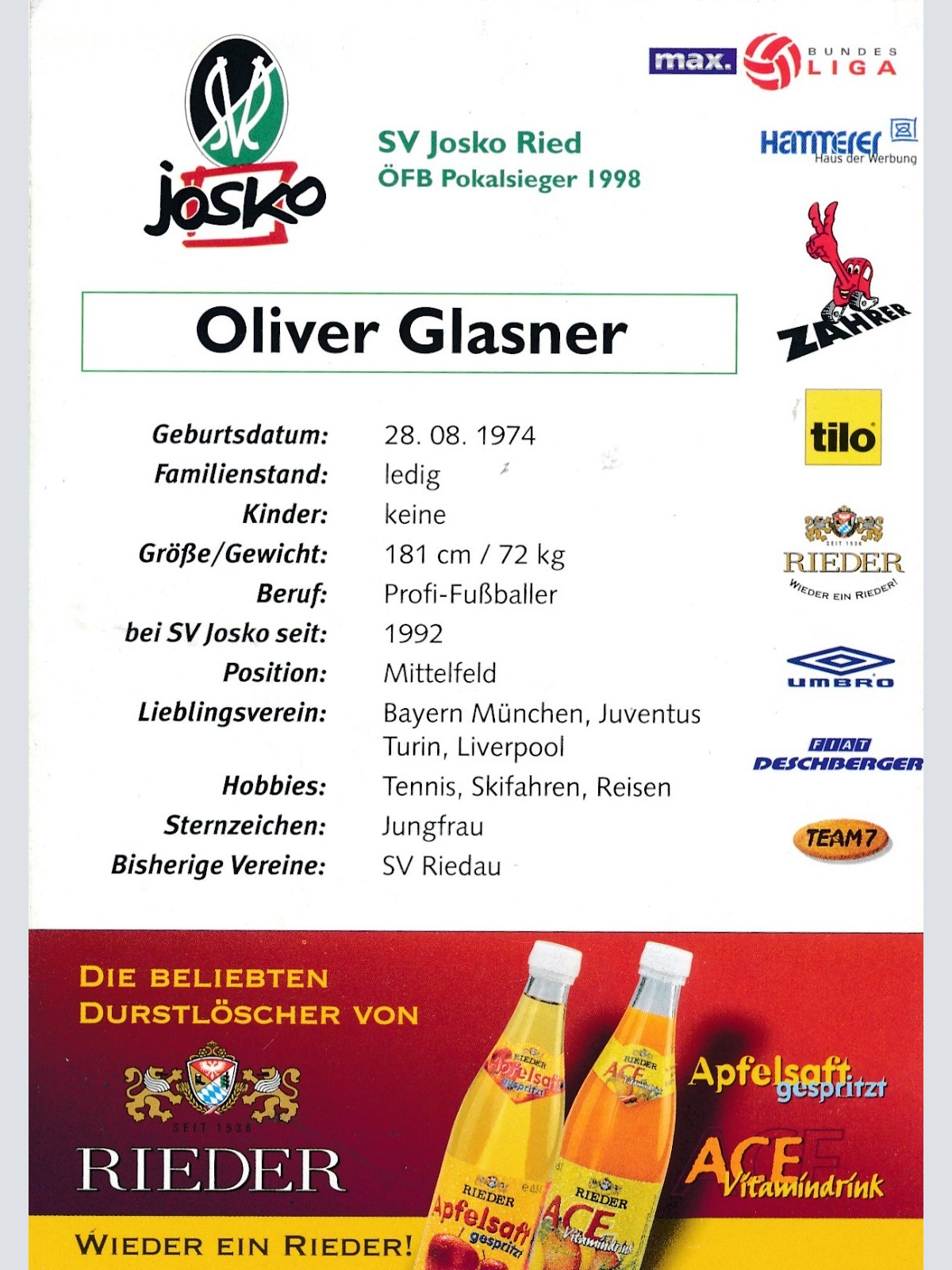 Autogrammkarte von Oliver Glasner Original Unterschrift Ansichtskarte (16199)