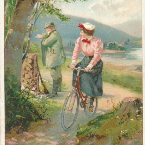 Motiv - Karte Frau mit Fahrrad - Radfahrer verboten - Ansichtskarte (10201)