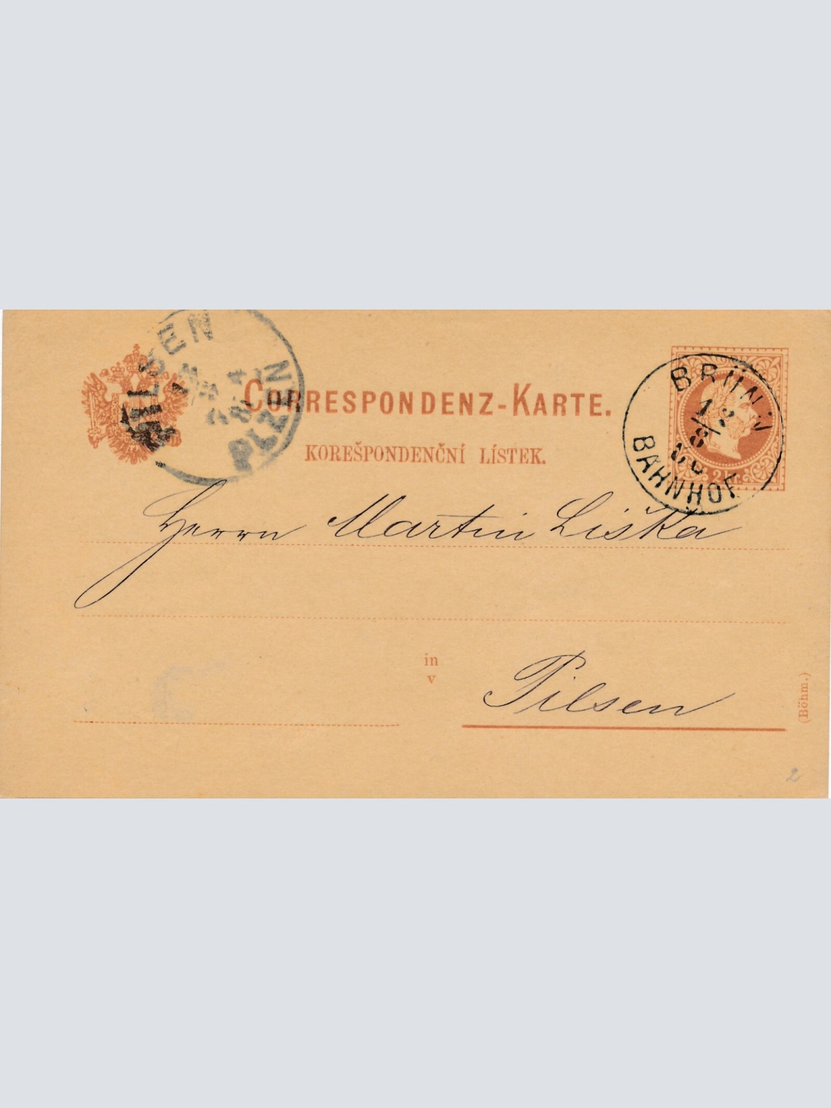 2 Kreuzer - Ganzsachen - Karte 1880 aus Brün Bahnhof (10052)
