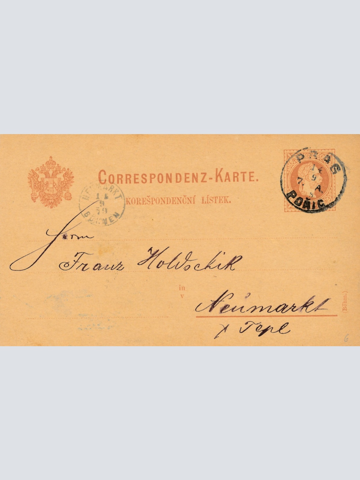 2 Kreuzer - Ganzsachen - Karte 1889 aus Praha Prag Poric (10142)